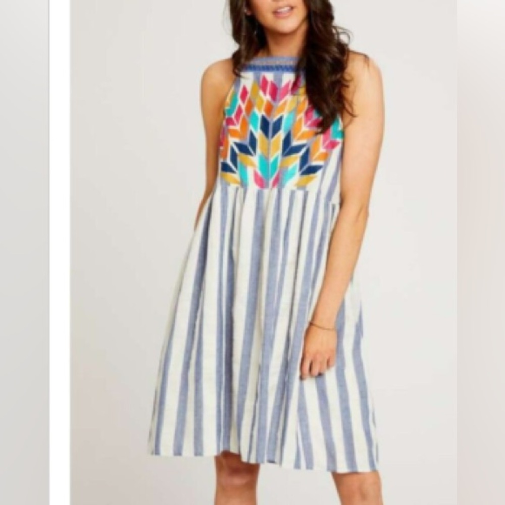 THML Embroidered Stripe navy halter dress | Sz M. NWT
